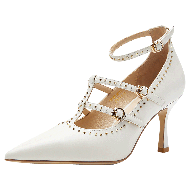 NINE WEST/玖熙鉚釘高跟鞋女尖頭細跟單鞋真皮女鞋 NF565017CK 米白35