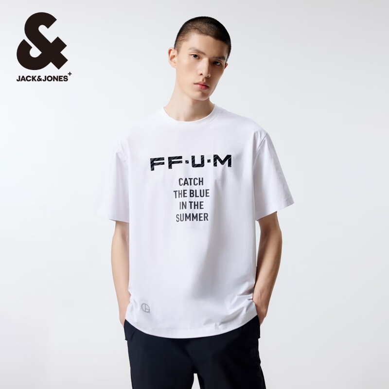 杰克·琼斯（JACK&JONES）夏季新款男装撞色斜纹半袖上衣直筒版圆领短袖T恤 白色224201138 M 175