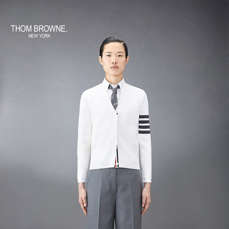 THOM BROWNE[TB]汤姆布朗[6期免息]女士四条纹羊毛V领针织开衫薄外套 白色 42