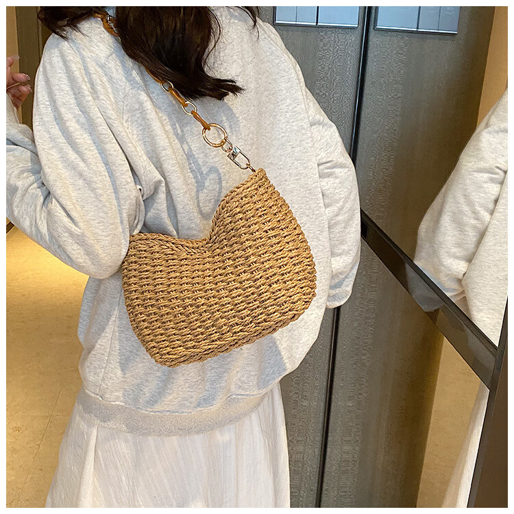 夏季手工编织腋下链条休闲女包纯色小众清新手挎包简约大容量草编 米白色