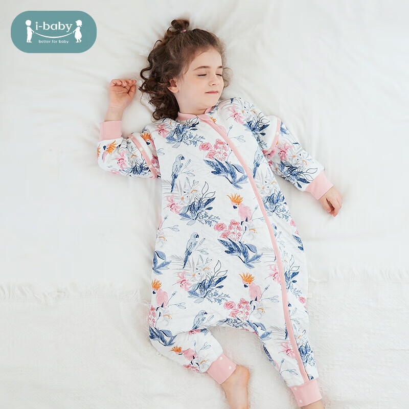 ibaby【夾棉和空氣層睡袋】嬰兒恒溫睡袋春秋兒童睡袋四季分腿式睡袋 【竹棉空氣層】粉羽鸚鵡 【110碼】推薦身高100-110cm