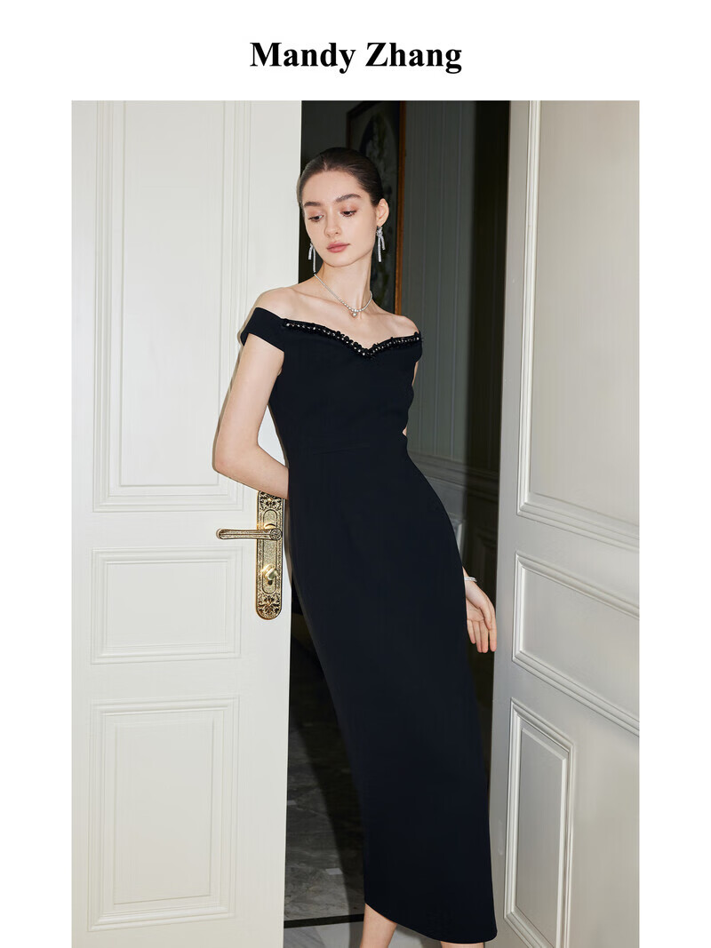 Mandy Zhang高級感釘珠花片露肩修身連衣裙女夏季心形領(lǐng)輕禮服長裙 靜謐黑 S