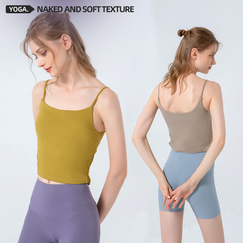 SHEA一体式瑜伽服女褶皱收腰健身服文胸性感吊带运动舞蹈服 咖啡色 XL