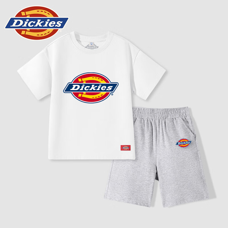 DICKIESDickies童装男童夏款套装儿童纯棉舒适运动两件套小童夏季短裤潮 白/DK红蓝标小-灰/DK红标K 120