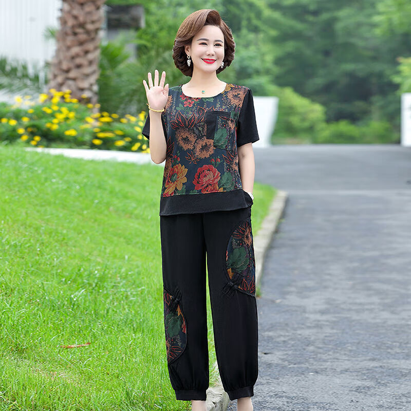俞兆林(YUZHAOLIN)母亲节大码妈妈夏装休闲套装中老年女装洋气两件套老年人衣服 黑色套装 5XL 建议155-170斤