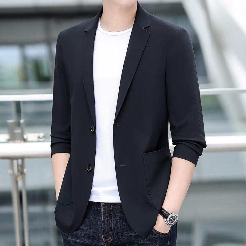 MAYOR雅戈?duì)柛叨藷o痕薄款防曬西服男夏季商務(wù)休閑純色冰絲西裝外套 黑色 XL (180) 建議145-165