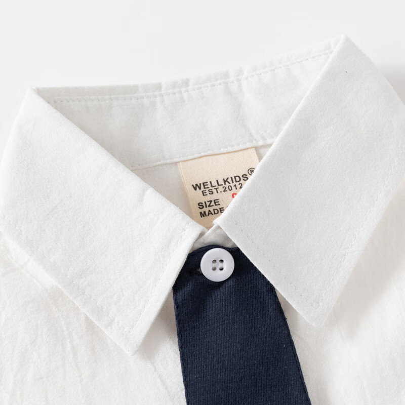 WELLKIDS夏季新款男童卡通短袖衬衫韩版宝宝领带刺绣洋气衬衣潮夏装 白色 90