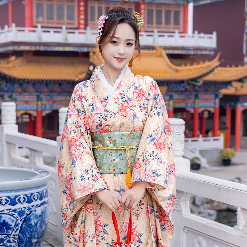GTYUWVG神明少女和服女拍照服裝正裝傳統(tǒng)復(fù)古風(fēng)改良連衣裙日式和服 山茶花浴衣+同色腰封+綁帶 均碼