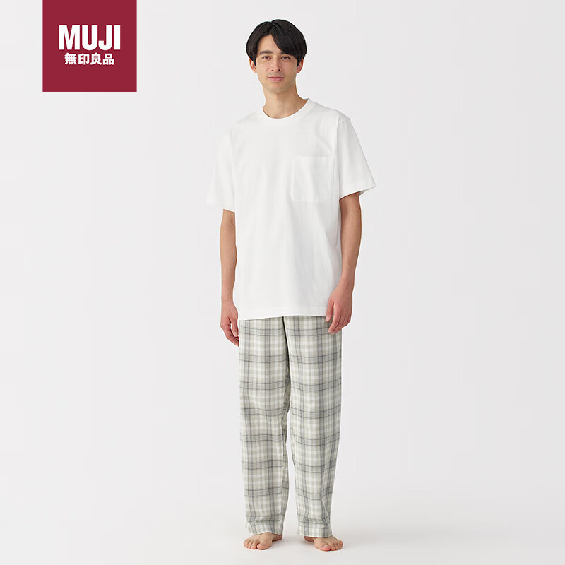 无印良品（MUJI）双层纱织 棉质家居服套装 淡灰色格纹  XL 