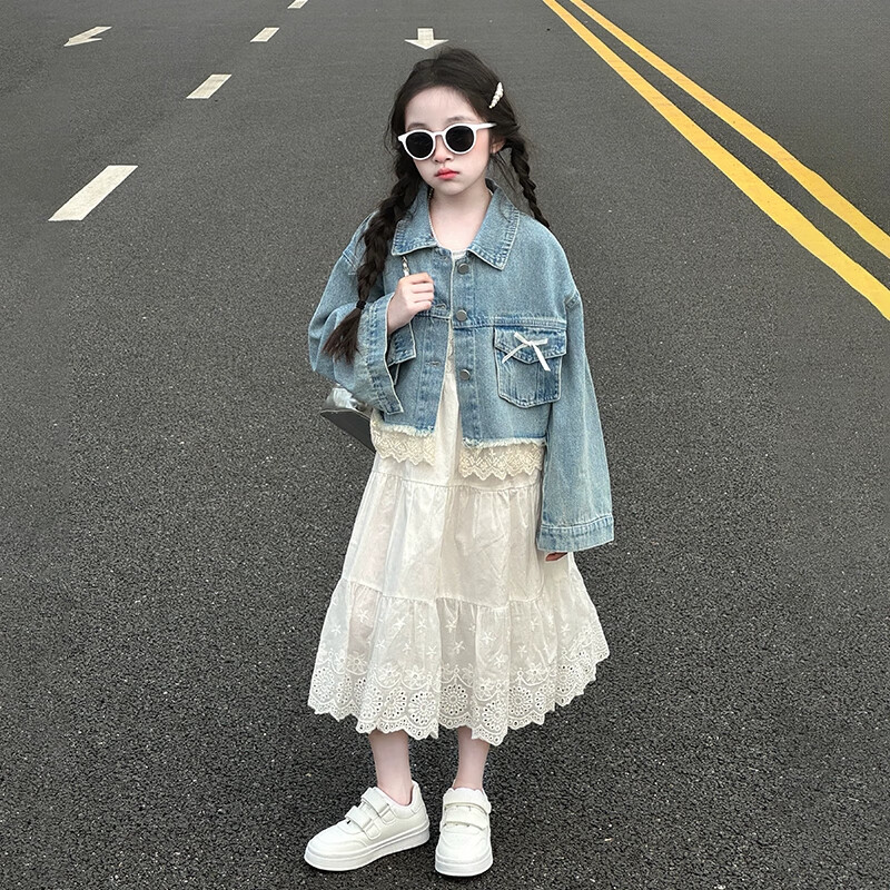 女童夏裙套装2025新款女大童夏季洋气时髦吊带裙夏装牛仔外套裙子 套装【外套+连衣裙】 160