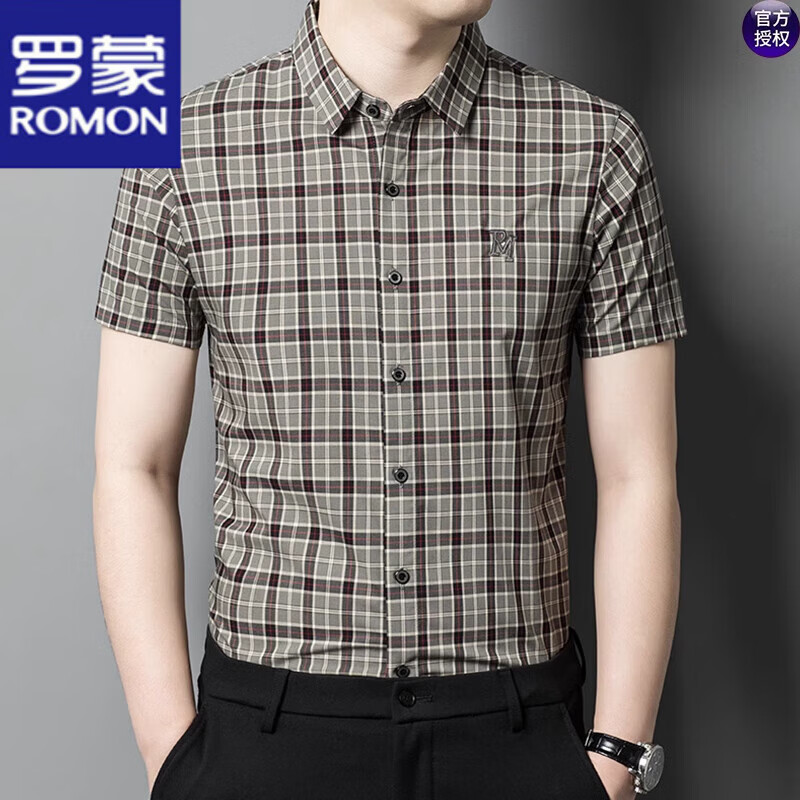 羅蒙（ROMON）桑蠶絲短袖襯衫男時(shí)尚新款格子男士上衣夏季休閑免燙真絲薄款寸衣 Z2621款卡其 M 165