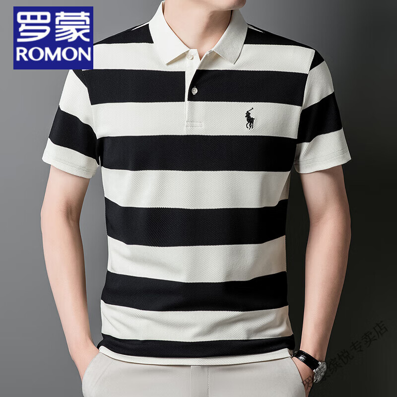 羅蒙（ROMON）舒適高端條紋POLO保羅衫男夏季新款翻領短袖t恤男士休閑刺繡上衣 黑色 XL