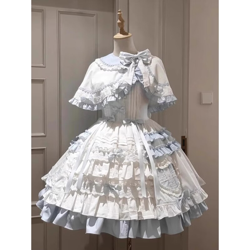 曦牧遥玩偶蓝白doll感少女甜美爱心斗篷JSK蛋糕裙打歌服lolita裙公主裙 蓝白色JSK+斗篷 XL