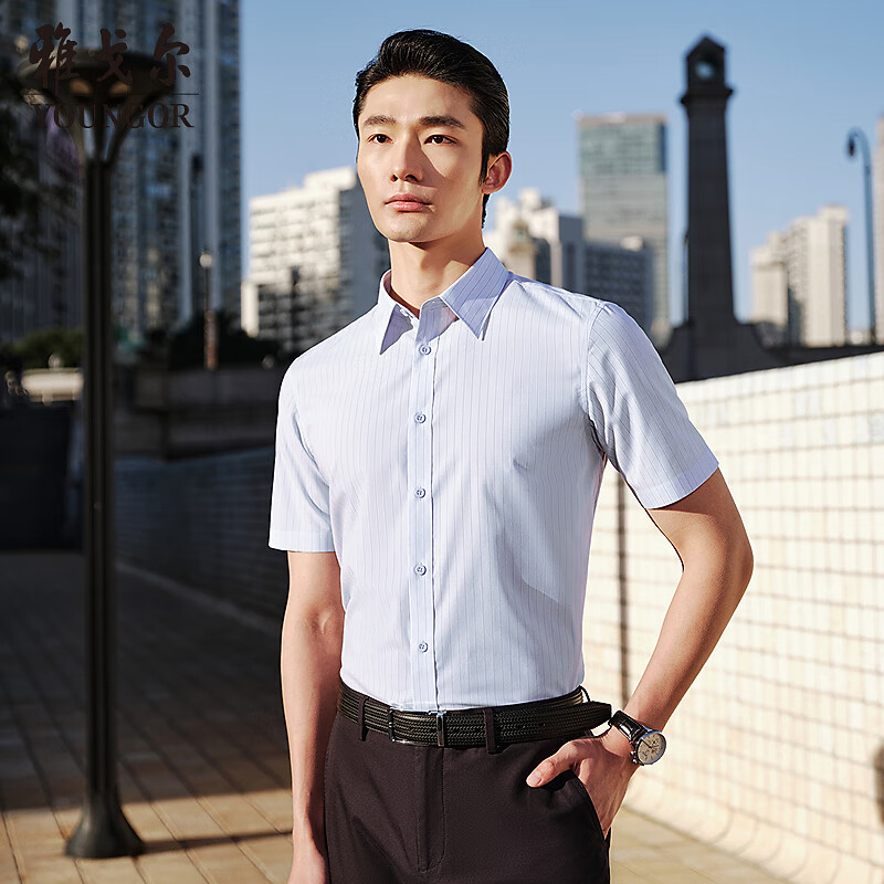 雅戈?duì)?襯衫男士 2025夏季青年商務(wù)休閑條紋短袖襯衫 藍(lán)色條紋 39