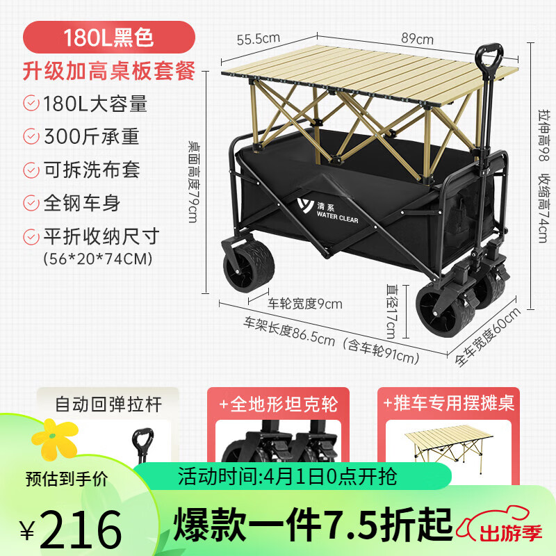 清系露營車野營車聚攏型折疊推車營地車露營推車戶外手推車擺攤推車 180L 黑色坦克輪加高桌板套餐