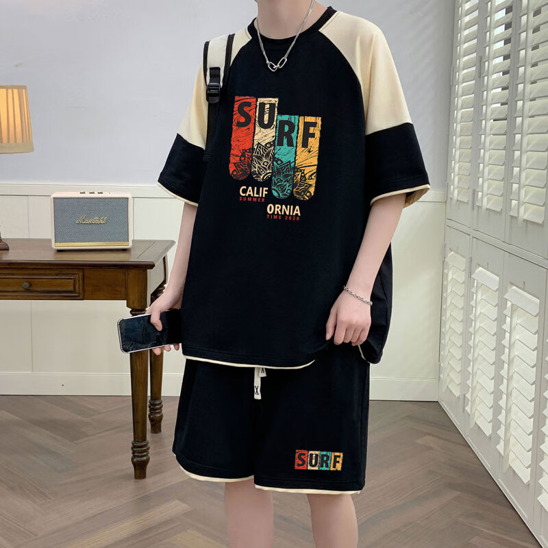 洛科驰青少年运动套装大男孩初中学生棉质短袖t恤潮流帅气大童百搭夏装 TZ065黑色 M (80-100斤左右)