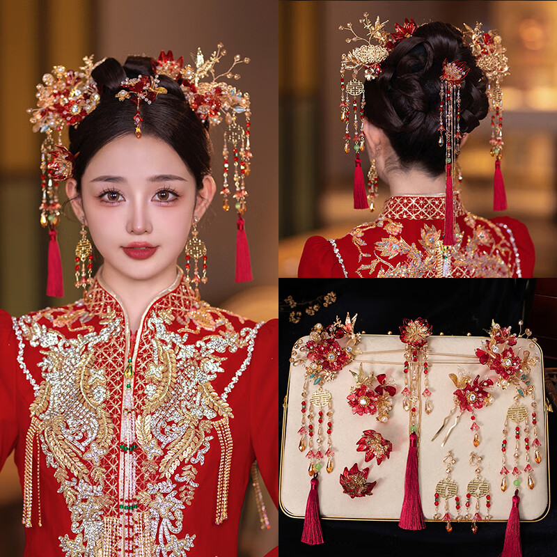 胖东来同款DL 1998秀禾服头饰新中式秀禾2025新款结婚龙凤褂大 新娘结婚头饰+耳夹