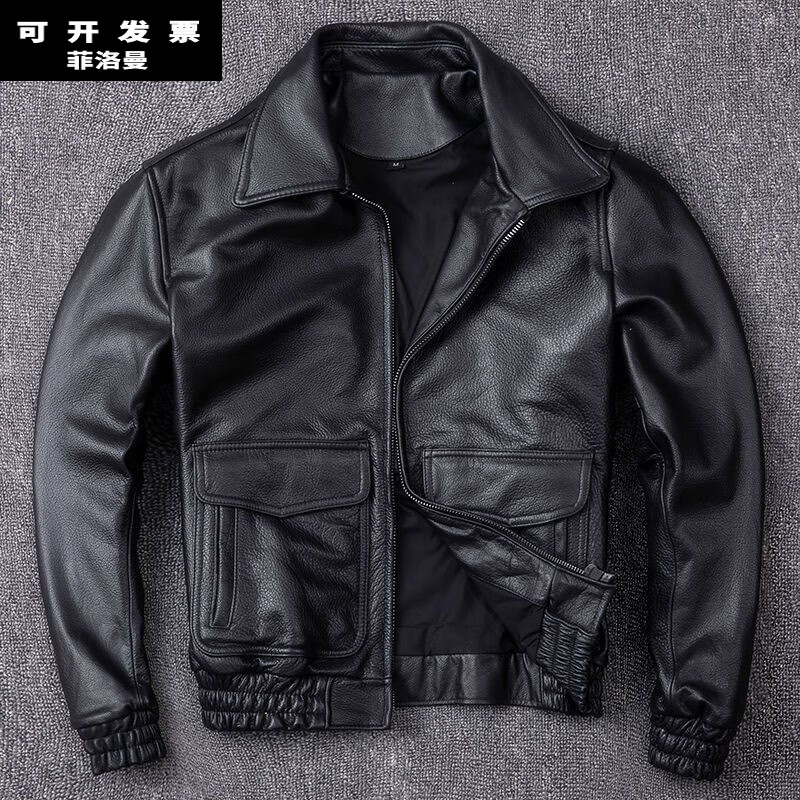 菲洛曼（FEILUOMAN）空軍夾克撿漏空軍a2飛行服皮衣男純頭層牛皮翻領(lǐng)外套大碼飛行員皮 黑色 L90-100 均碼