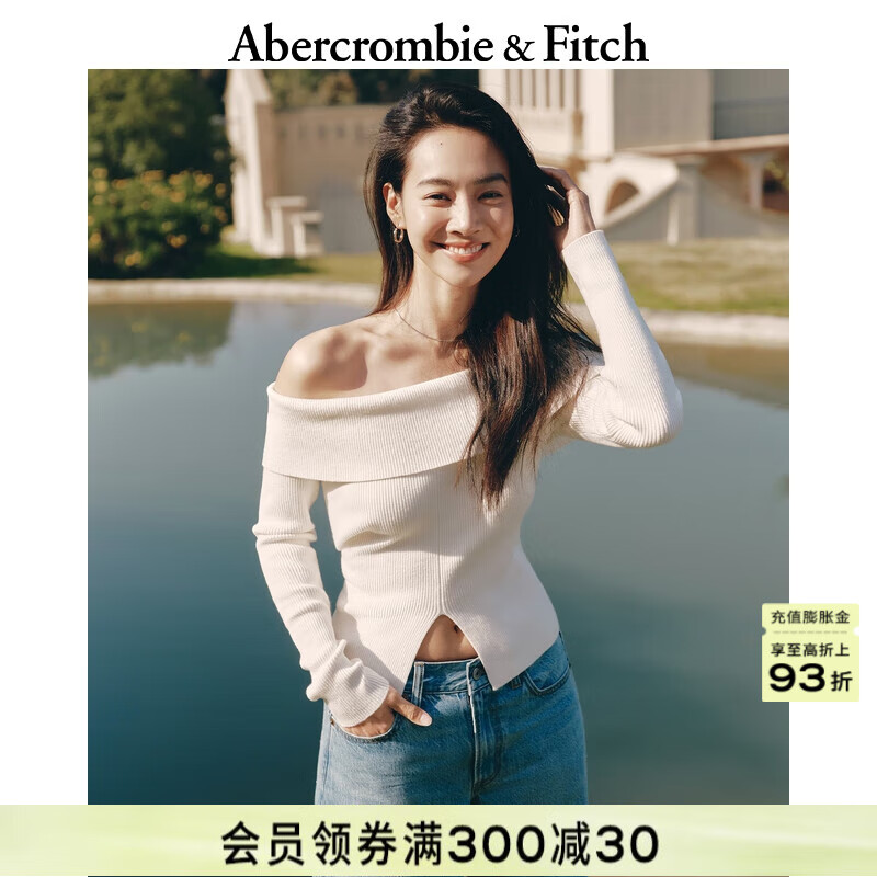 ABERCROMBIE & FITCH女裝25春新款性感辣妹露肩法式一字領(lǐng)針織衫毛衣上衣KI150-5016 奶白色 M (165/96A)