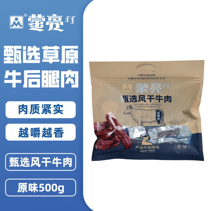 蒙亮内蒙古手撕风干牛肉干500g特产即食小吃香辣牛肉真空袋装 甄选风干牛肉/原味500g*1袋