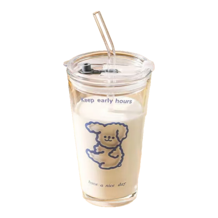 可爱小狗小猫印字双饮口玻璃杯玻璃吸管杯带盖防摔耐高温杯子 可爱小猫印花一套 480ml 1只