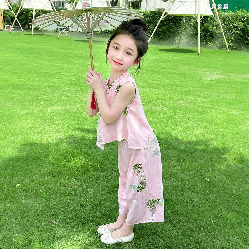 G.duck童装女童中式国风套装2026新款儿童夏季汉服洋气宝宝两件套夏装 粉色-套装 120 码(身高100-110cm)