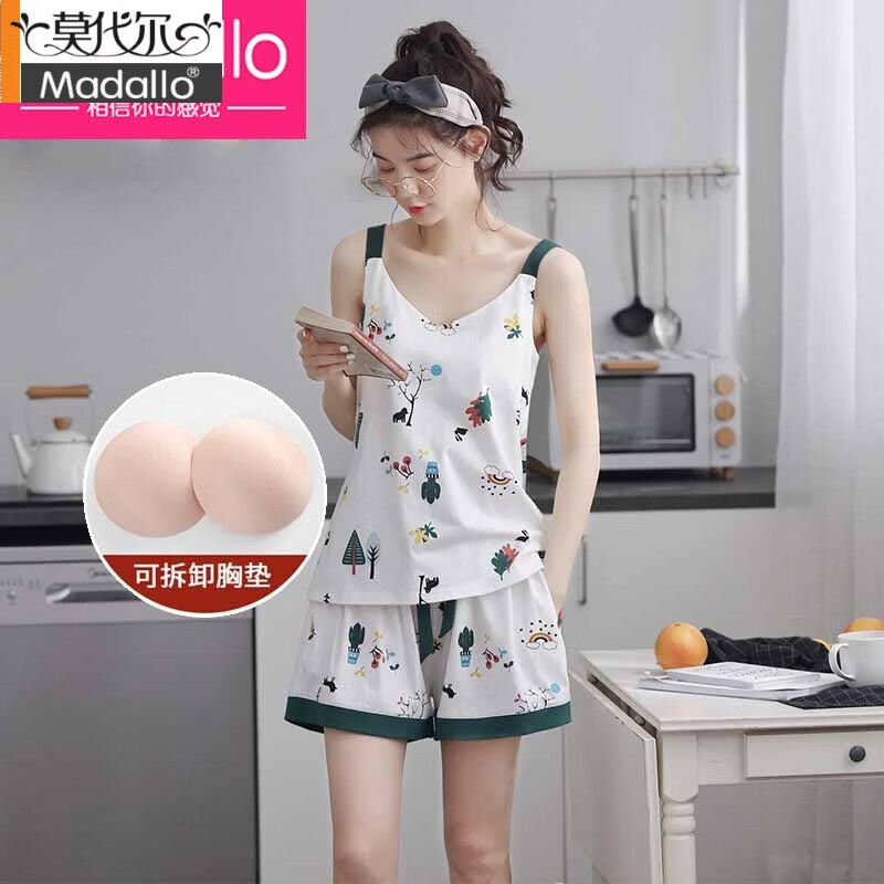 莫代尔 吊带睡衣女夏棉质薄款带胸垫无袖背心女士夏天家居服两件套装 XFS1727#套装 L 女(推荐100-120斤)