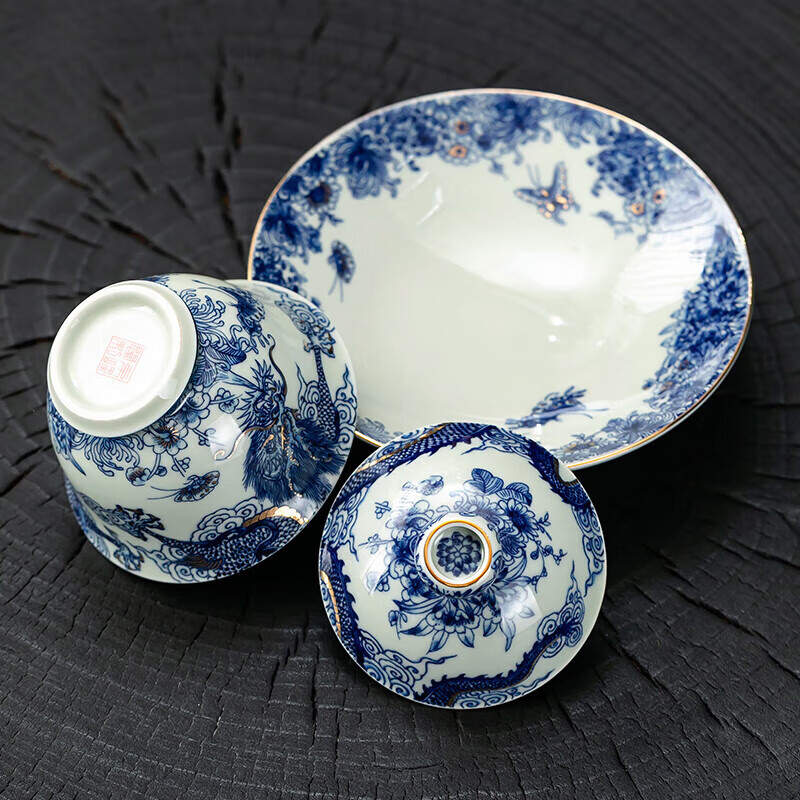 京峰阁 茶具三才盖碗套装 景德镇陶瓷青花瓷高档泡茶碗家用办公室送礼物 鱼化龙纳福三才盖碗180ml