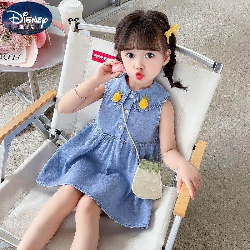 迪士尼女童牛仔裙夏季兒童無袖連衣裙童裝女寶寶小童公主裙薄款夏裝裙子 藍(lán)色 90 cm