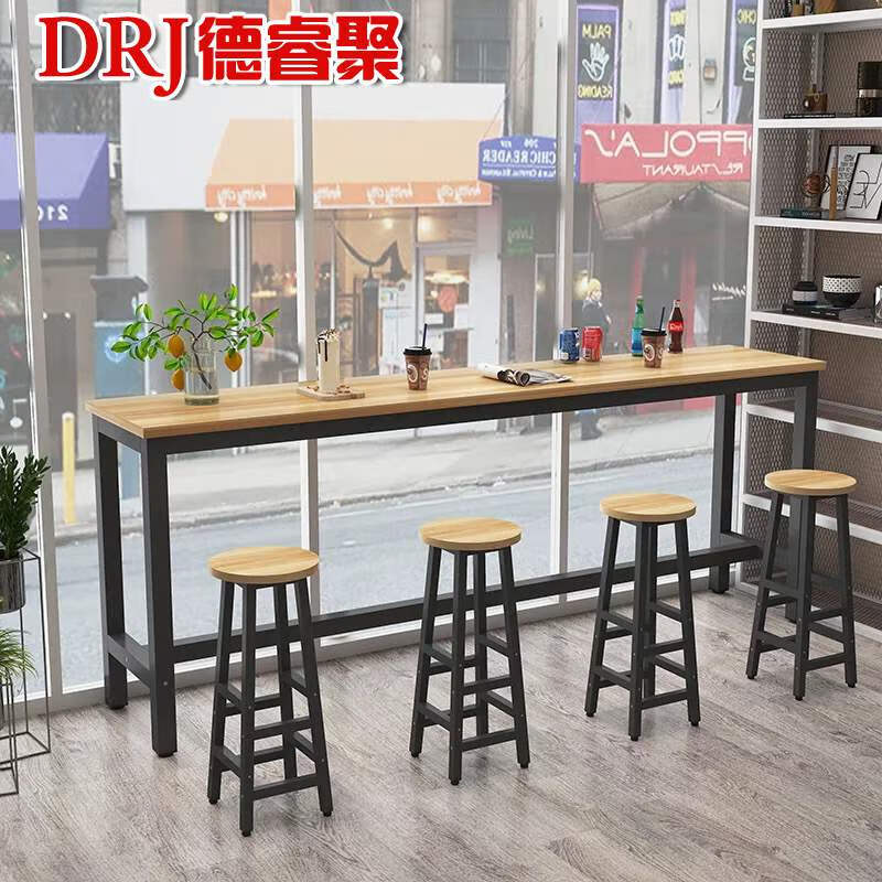 德睿聚咖啡店奶茶甜品店靠墻吧臺桌家用客廳小吧臺桌長條桌高腳桌椅組合 180*40*100+4凳黑架