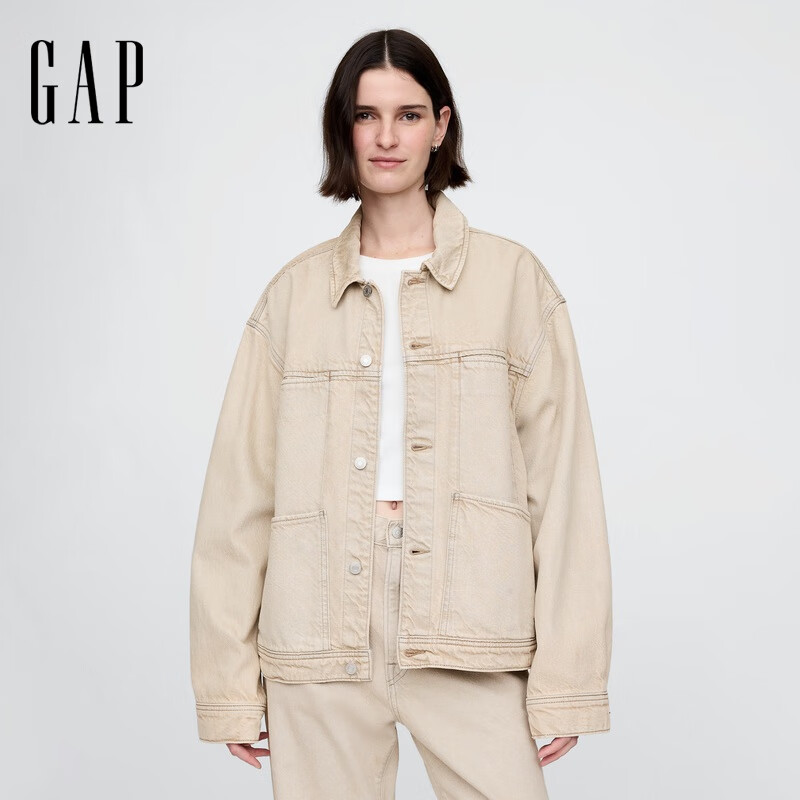 Gap男女裝2025春季新棉萊賽爾混紡翻領(lǐng)牛仔服常規(guī)外套美版729293 淺卡其 XS 美碼 S亞洲碼175/88A