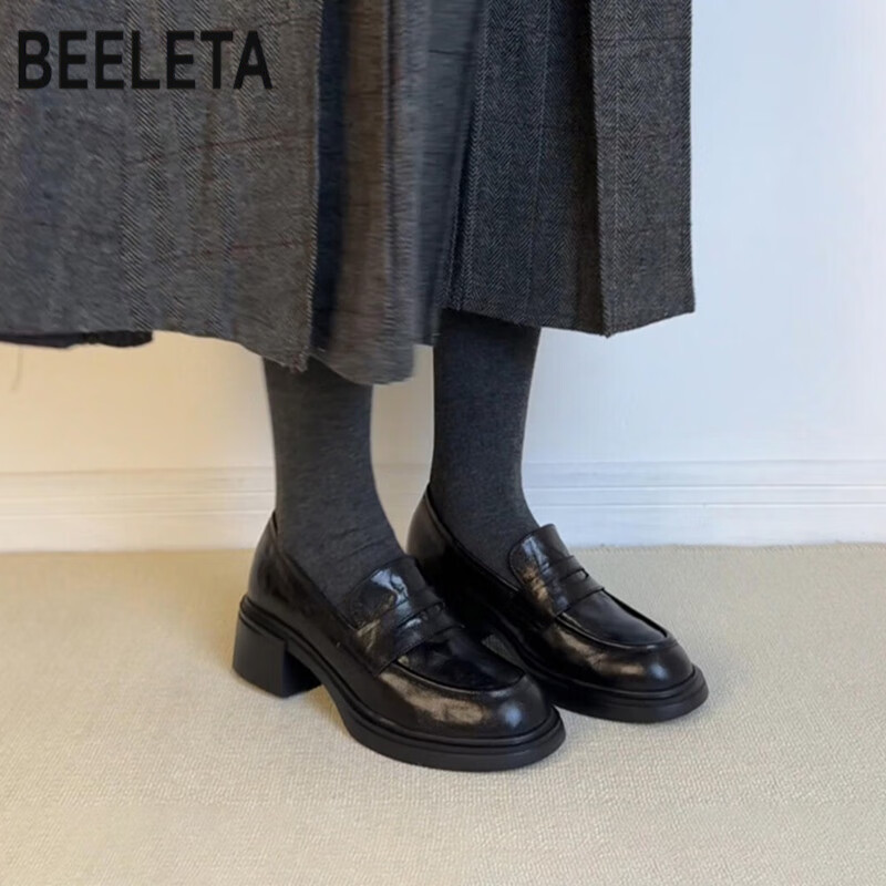 百丽踏羊皮版新款复古粗跟乐福鞋女一脚蹬圆头单鞋真皮通勤懒人小皮鞋秋 黑色 36