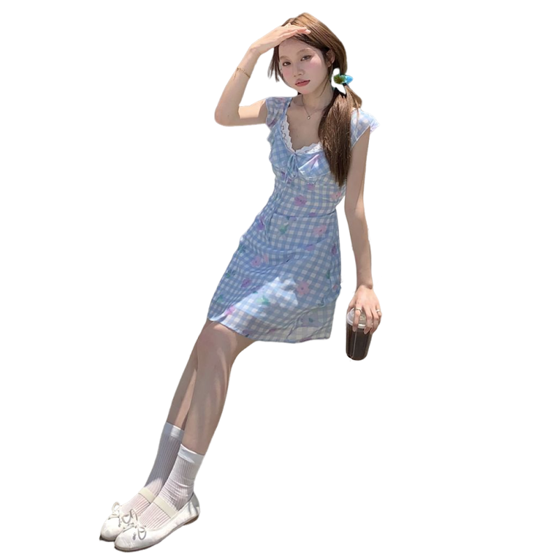 西遇法式飛袖連衣裙女2025年夏季新款系帶蕾絲拼接格子碎花短裙 藍(lán)色 S (155)