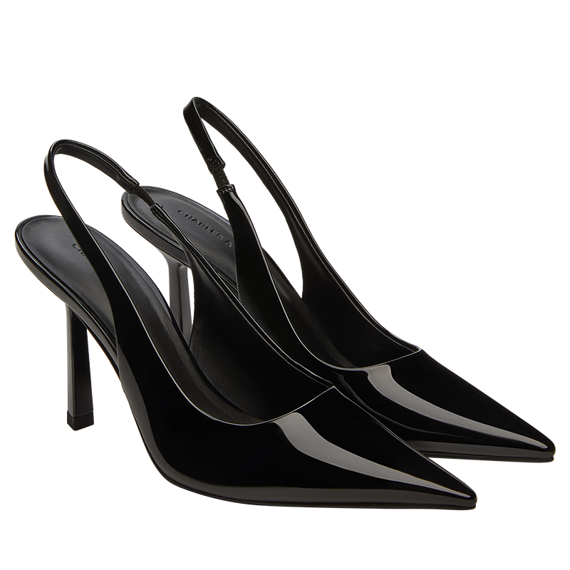 CHARLES&KEITH25夏新品豹紋尖頭氣質(zhì)包頭涼鞋高跟鞋CK1-60280451 BLACK PATENT黑色 37 （235）