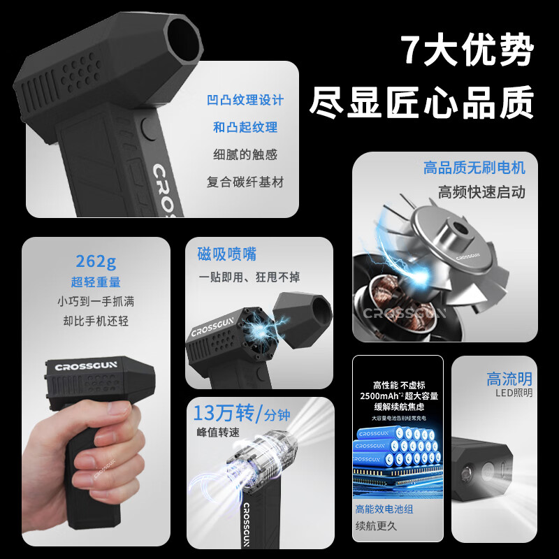 CROSSGUN歌诗健暴力风扇手持13万转无刷电机涡轮小风扇双暴风3pro吹吸一体车载吸尘吹雪洗车吹干降温吹风机 【黑色】 5000mAh