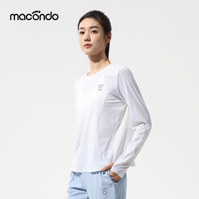 马孔多(macondo)原创单品面膜感跑步长袖T恤 速干衣水润清爽夏日溯溪原纱防晒抗菌 白色 女款 XL 【男140-150/女130-140斤】