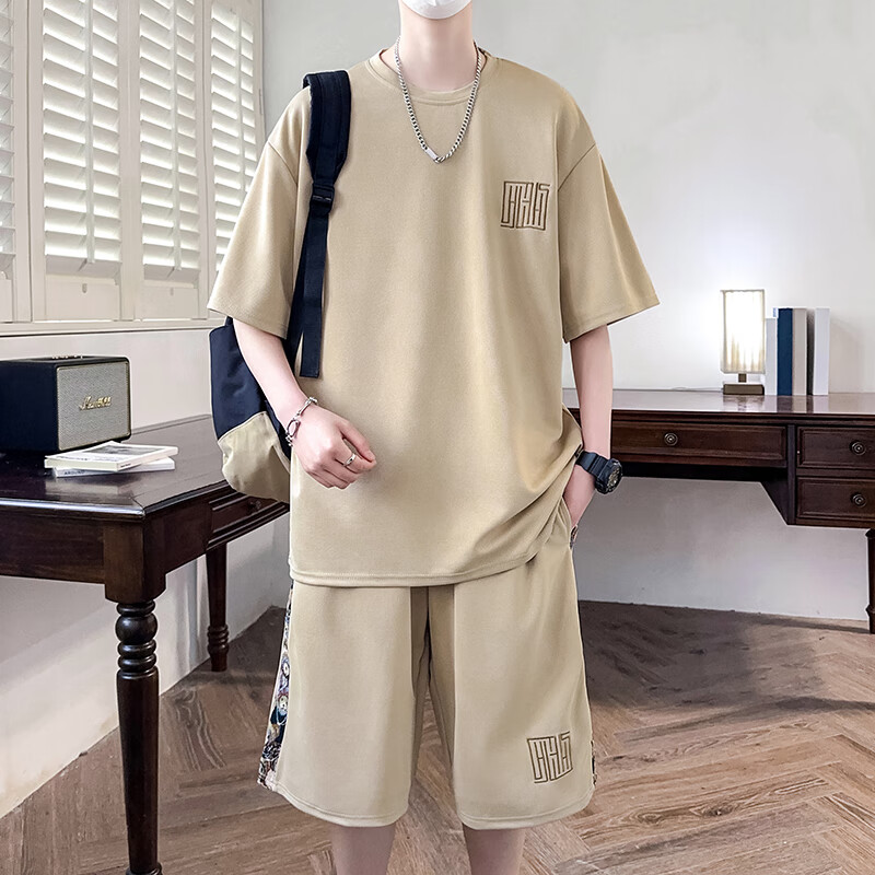 洛科驰夏季男士短袖t恤短裤套装休闲运动新款潮流帅气两件套男个性男装 【套装】TZ881卡其色 M 80-100斤