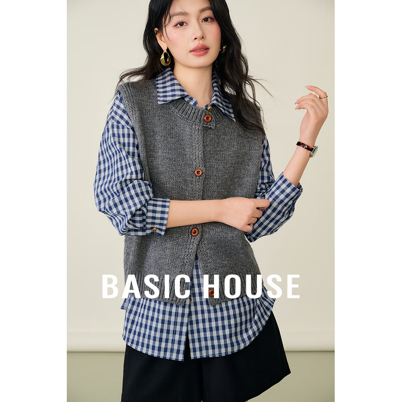 Basic House/百家好叠穿针织马甲背心女早春新款显瘦坎肩无袖上衣 灰色 L