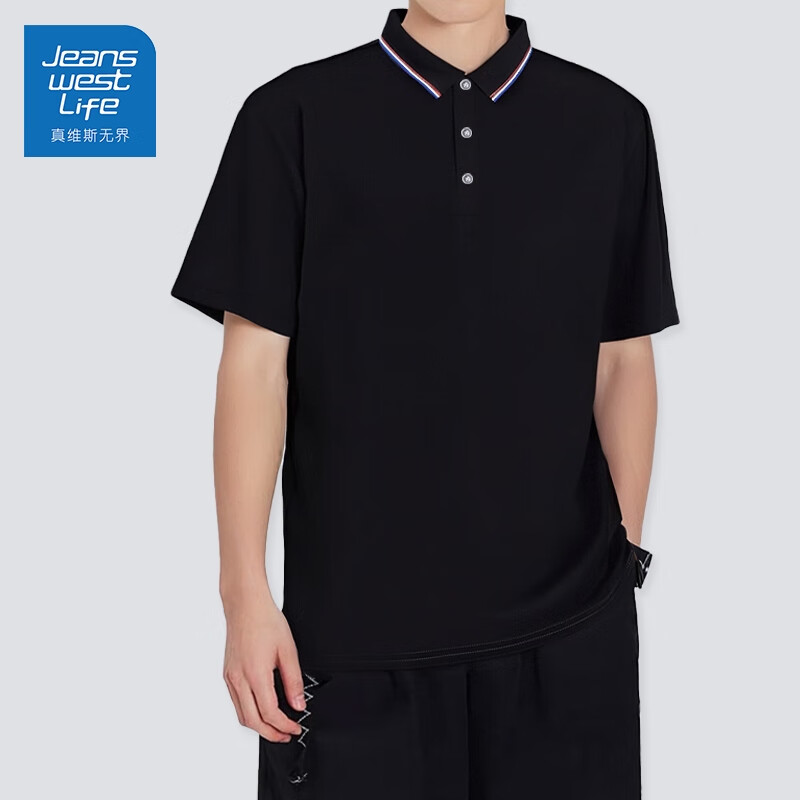 JEANSWEST LIFE真维斯夏季短袖POLO衫男女同款商务休闲通勤风上衣情侣款宽松衣服 黑色 2XL 建议体重130-150斤