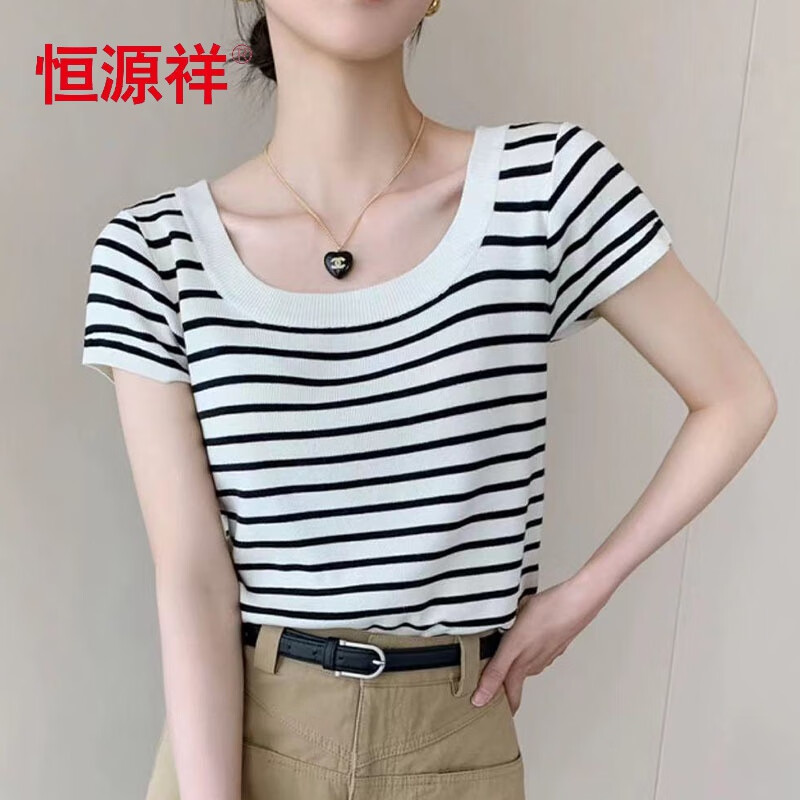 恒源祥法式方領(lǐng)正肩條紋冰絲針織短袖t恤女夏季薄款露鎖骨修身短袖上衣 條紋 L 【建議95-110斤】