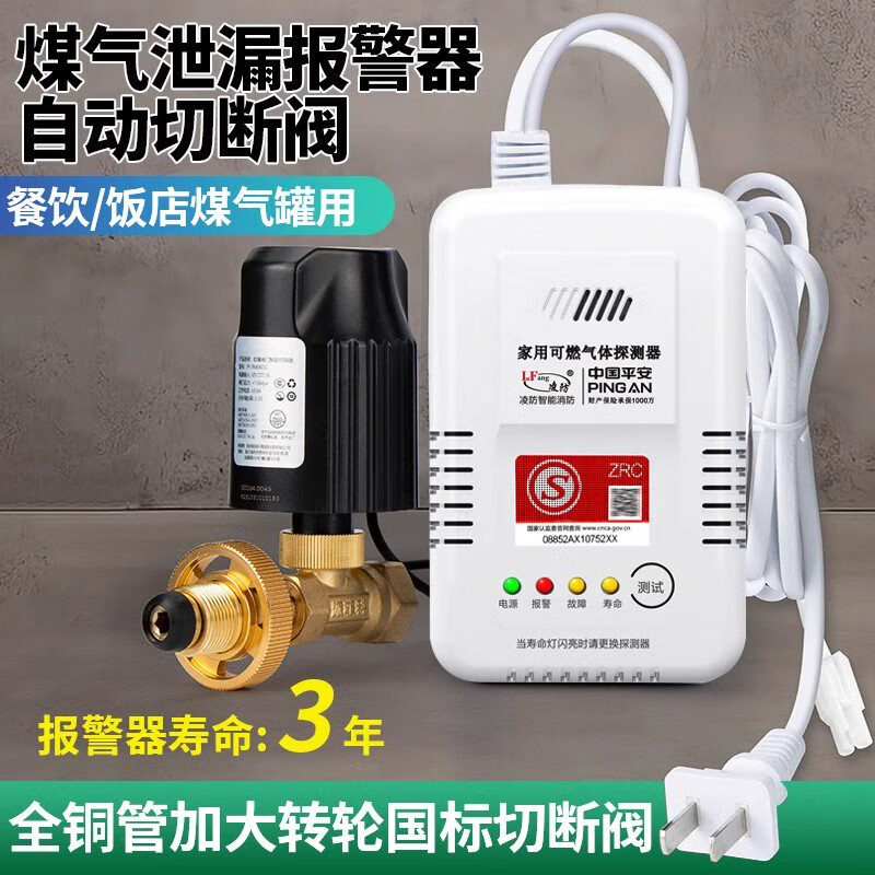 福莱可视电动阀门控制器天然液化气煤气泄漏自动切断阀商用燃气报警器装置 家用 燃气报警器套装报警器+切