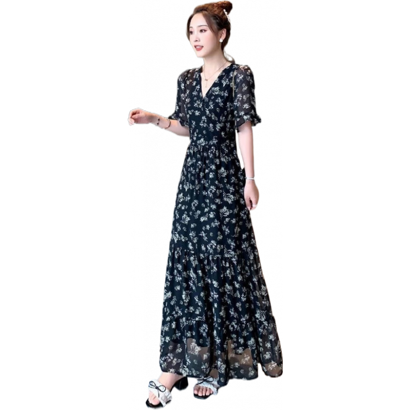 皮爾卡丹（pierre cardin）連衣裙女2025新款高個(gè)子加長(zhǎng)版碎花雪紡?fù)系亻L(zhǎng)裙到腳踝超長(zhǎng)款夏季 黑色 S 常規(guī)款(適合身高166以下)