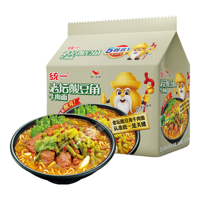 统一老坛酸豆角牛肉面 袋装 110g*5袋五连包传统老坛地道泡制速食泡面