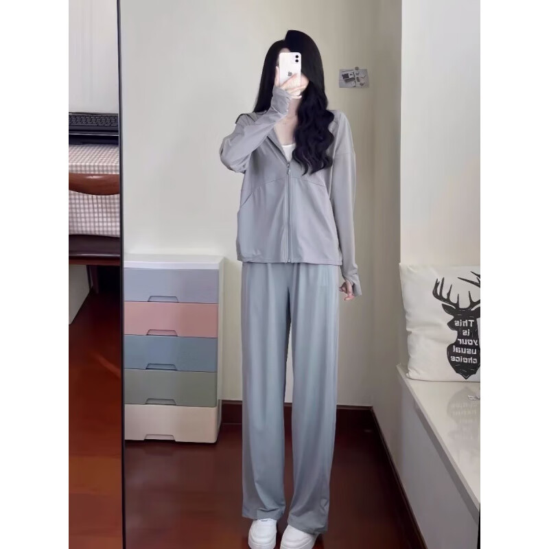 森用速干冰絲防曬衣套裝女夏季防紫外線寬松休閑運動服透氣時尚兩件套 冰絲霜灰色兩件套【灰上衣+灰褲 L 建議105-115斤