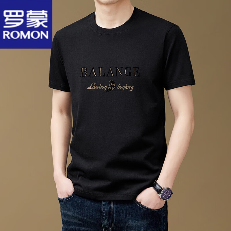 罗蒙（ROMON）纯棉短袖t恤男新款潮流时尚圆领印花上衣夏季休闲凉感半袖体恤T 黑色8873 M 165