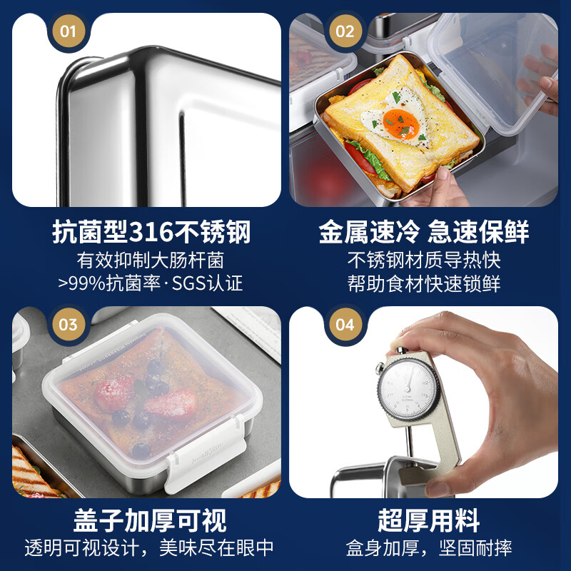 米膳葆316不锈钢三明治盒吐司盒饭盒便当盒可微波炉加热水果密封便携 316钢-三明治盒【2件装】9折