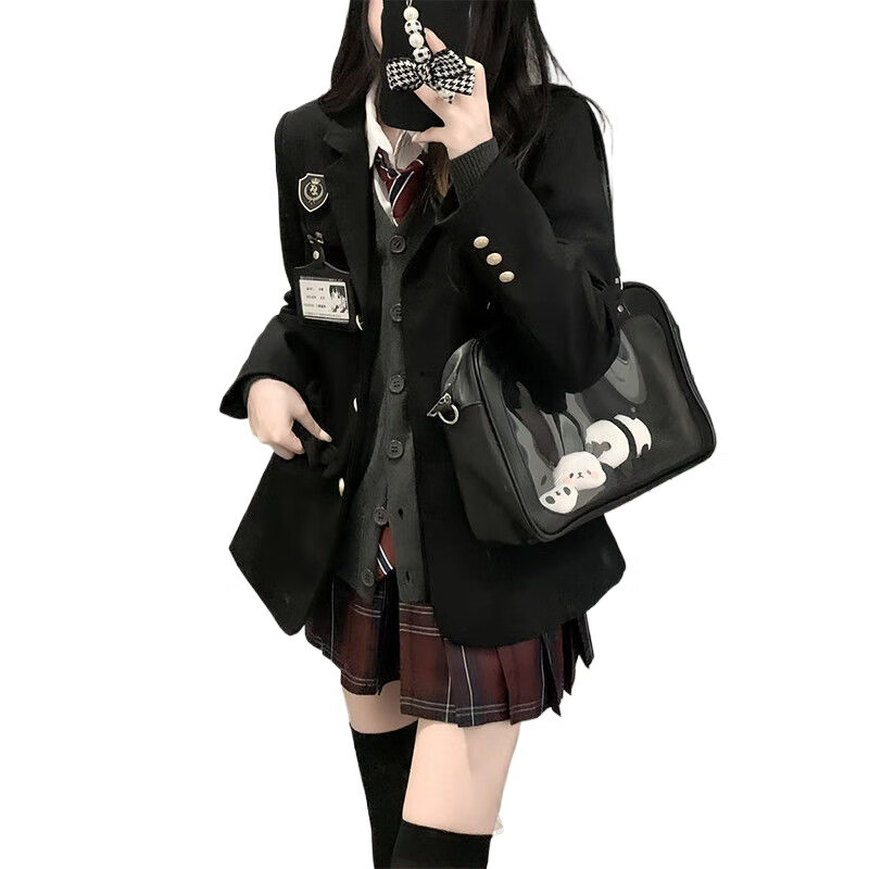 COMIC SOUL原创jk制服套装女秋冬款正版学院风校供格裙子针织开衫叠穿一整套 四件套深灰开衫+衬衫+玄红裙+红领带 S