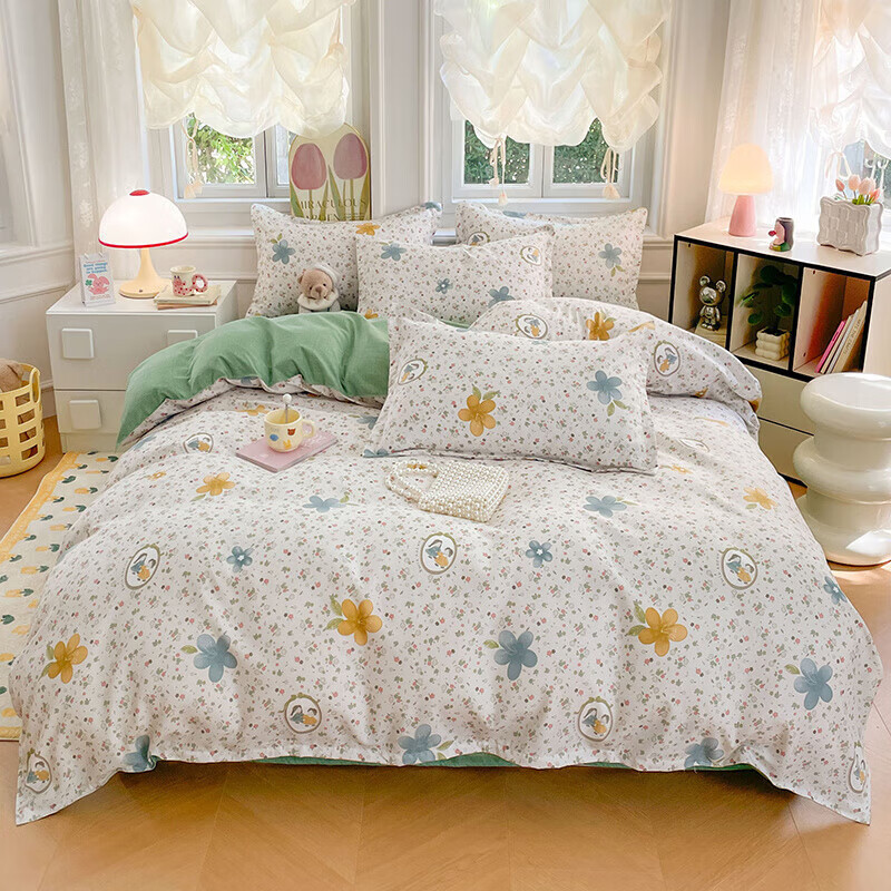 软贝小清新四件套 透气亲肤印花卡通简约田园风被套床单款套件 小家碧玉 2.0m床单款四件套被套200*230cm