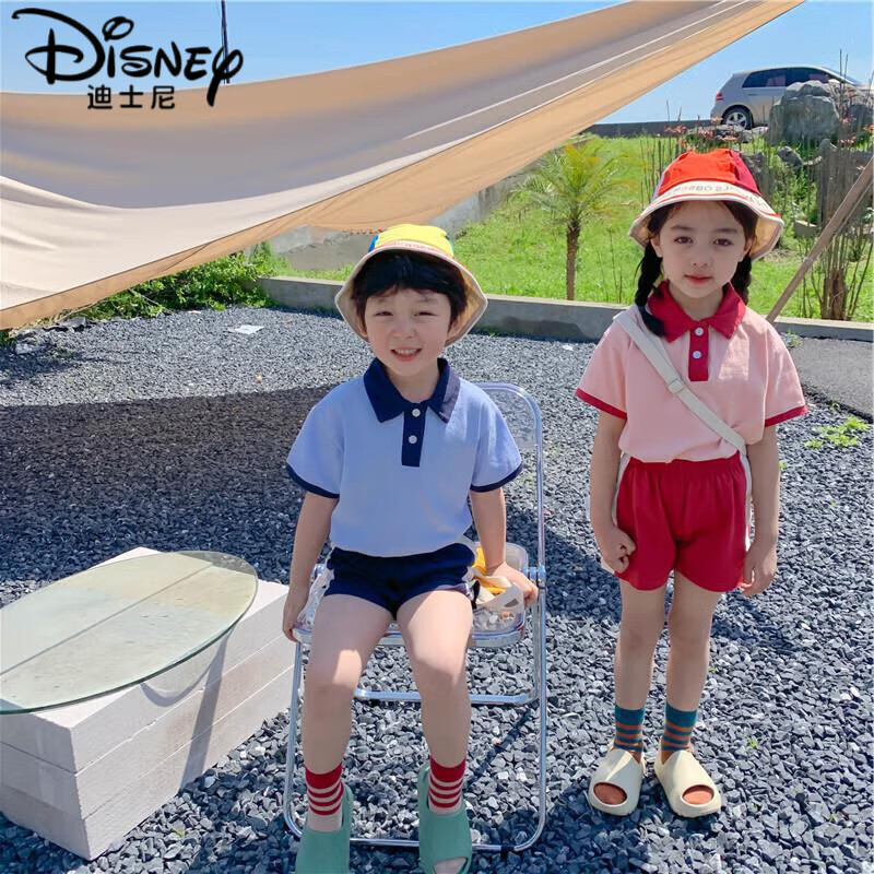 迪士尼（Disney）兒童夏季套裝日系polo領學院風短袖短褲兩件套2025新款童裝兄妹裝 藍色套裝 80 CM