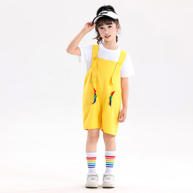 六一儿童演出服男女童合唱服幼儿园啦啦操团体舞表演服装演出套服 白色体恤+黄色恐龙背带裤 送彩袜 120